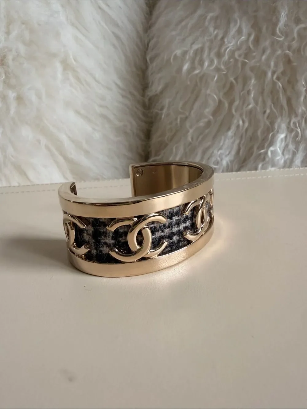 CHANEL Silver Tweed CC Link Cuff Bracelet - Black & White